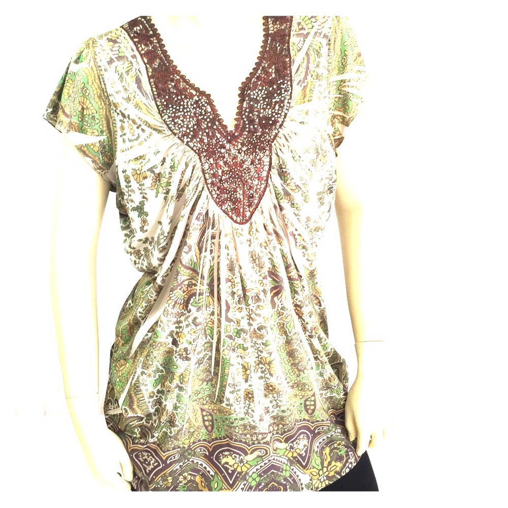 Unity World Wear L Green Gold Brown Bedazzled Neck